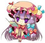  :&lt; bespectacled book bow chibi crescent double_bun glasses hair_bow hat long_hair patchouli_knowledge purple_eyes purple_hair shiwasu_horio simple_background solo touhou very_long_hair 