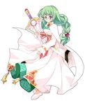  bow braid brooch cape dress full_body glasses green_hair hair_ornament hairpin jewelry katachi_yumiyuri long_hair lowres philia_felice ponytail purple_eyes ribbon round_eyewear shoes simple_background solo sword tales_of_(series) tales_of_destiny weapon white_background white_dress 