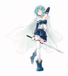  armpits bad_id bad_pixiv_id blue_eyes blue_hair cape detached_sleeves gloves hair_ornament hairclip mahou_shoujo_madoka_magica miki_sayaka short_hair skirt solo sword takeluuu thighhighs weapon zettai_ryouiki 