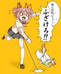  anger_vein angry bad_id bad_pixiv_id ettamu hair_ribbon highres kaname_madoka kyubey mahou_shoujo_madoka_magica mitakihara_school_uniform motion_blur out_of_character pink_hair profanity ribbon school_uniform simple_background thighhighs throwing translated twintails zettai_ryouiki 