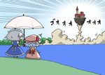  2girls chibi clock clock_tower commentary flying hat izayoi_sakuya kurokoori lake liftoff mansion misty_lake multiple_girls parasol remilia_scarlet scarlet_devil_mansion smoke sweatdrop touhou tower umbrella water 