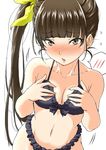  alternate_hairstyle amagami bangs bare_shoulders bikini blunt_bangs blush brown_eyes brown_hair covering covering_breasts frilled_bikini frills hair_ribbon kamizaki_risa long_hair navel open_mouth ribbon shouji_nigou side_ponytail solo spoken_blush swimsuit 