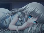  bed bedroom bloomers blue_eyes blue_ribbon blush bow clenched_hands dark dark_room flat_chest game_cg indoors kud_wafter light_smile little_busters! long_hair looking_at_viewer lying na-ga night_clothes noumi_kudryavka on_side pajamas ribbon short_sleeves side_slit silver_hair smile solo underwear very_long_hair 