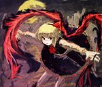  ascot ashiyama_yoshinori black_dress blonde_hair dress hair_ribbon highres outstretched_arms red_eyes ribbon rumia short_hair solo spread_arms touhou wings 