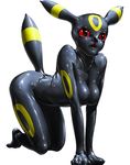  1girl all_fours bodysuit cosplay costume fursuit kemono_inukai latex pokemon red_eyes shiny simple_background skin_tight skintight solo tail umbreon white_background 