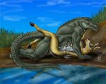  after_sex anthro crocodile cum cumshot drooling duo erection female gazelle interspecies lake lying male mammal messy missionary_position nude on_back on_top orgasm penis predator/prey_relations reptile saliva scalie sex size_difference straddling straight sudonym 