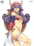  armor bikini_armor choker dragon_quest dragon_quest_iii elbow_gloves gloves helmet highres long_hair mizuryuu_kei purple_eyes purple_hair queen's_blade red_armor shield soldier_(dq3) solo sword thigh_strap weapon winged_helmet 