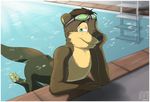  eyewear goggles green_eyes looking_at_viewer male mammal milligram_smile milligramsmile mustelid nude otter pool solo water wet 