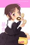  bilingual box brown_hair character_name doughnut eating english food french_cruller hair_ornament hairclip looking_at_viewer looking_back meow_(nekodenki) original pastry_box red_eyes school_uniform serafuku seven_deadly_sins sitting skirt socks solo translated 