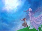  bad_id bad_pixiv_id cloak cloud dress dutch_angle field floating_hair grass hair_over_eyes hair_ribbon hat koakuma long_hair looking_up multiple_girls patchouli_knowledge red_hair ribbon sky touhou v_arms wind yuina_(artist) 