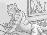  bed butt feline grey greyscale male mammal monochrome nude sheets solo tail tiger wallpaper windkid1108 