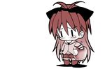  apple blush bow casual chibi food fruit hair_bow long_hair mahou_shoujo_madoka_magica monochrome navel ponytail red_hair sakura_kyouko senomoto_hisashi shadow shorts simple_background solo tears very_long_hair |_| 