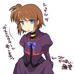  belt blue_bow blue_eyes blue_neckwear bow bowtie brown_hair dress expressionless juliet_sleeves long_sleeves lowres lyrical_nanoha mahou_shoujo_lyrical_nanoha mahou_shoujo_lyrical_nanoha_a's mahou_shoujo_lyrical_nanoha_a's_portable:_the_battle_of_aces material-s puffy_sleeves purple_dress simple_background solo takana translated white_background 