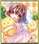  animal_ears bad_id bad_pixiv_id brown_hair bunny_ears carrot chibi fang inaba_tewi kagami_leo red_eyes shikishi short_hair solo touhou traditional_media 