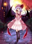 apple bat bat_wings boots castle cherry_blossoms cloudy.r dress eating food fruit full_moon hat highres lantern moon pink_dress purple_hair red_eyes remilia_scarlet ribbon short_hair solo touhou tree wings 