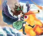  aiming arm_cannon asteroid blue_door bow brown_hair cape cloud fire floating_hair flying green_bow hair_bow kneehighs long_hair mismatched_legwear open_mouth red_eyes reiuji_utsuho sky smile solo third_eye touhou weapon wings 