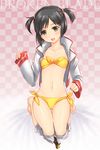  bad_id bad_pixiv_id barefoot belt bikini black_eyes black_hair break_blade checkered checkered_background flat_chest front-tie_top jacket kneeling midriff navel nike_(break_blade) open_clothes open_jacket open_mouth pants_down pinching_sleeves rakuto_mangan short_hair side-tie_bikini sleeves_past_wrists smile solo swimsuit twintails undressing 