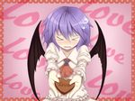  &gt;_&lt; ascot bad_id bad_pixiv_id bat_wings blush brooch chocolate chocolate_heart closed_eyes collarbone cyoujineko gift heart holding holding_gift incoming_gift jewelry no_hat no_headwear purple_hair remilia_scarlet solo touhou upper_body valentine wings 
