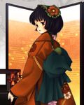  asa_no_ha_(pattern) bad_id bad_pixiv_id black_eyes black_hair blush bob_cut egasumi floral_print flower folding_screen headdress japanese_clothes kimono lips looking_back matsuhime sasara_housara sengoku_taisen short_hair solo 