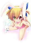  animal_ears bare_legs blush bow bunny bunny_ears bunny_girl bunnysuit hair_ribbon heterochromia lyrical_nanoha mahou_shoujo_lyrical_nanoha_vivid open_mouth ribbon sacred_heart shiwo solo two_side_up vivio wrist_cuffs 