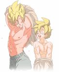  2boys age_difference dragon_ball dragonball dragonball_z father_and_son lowres male male_focus multiple_boys muscle son_gohan son_goku son_gokuu topless 