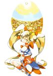  bad_id bad_pixiv_id blonde_hair bow choker cure_sunshine flower hair_ribbon heartcatch_precure! kneeling long_hair looking_back magical_girl midriff myoudouin_itsuki orange_(color) orange_bow orange_choker orange_skirt precure ribbon sitting skirt solo sunflower tulaca_(pixiv) twintails wariza white_background yellow_eyes 