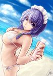  absurdres beach bikini blue_eyes blue_hair braid breasts day dutch_angle evan_yang highres izayoi_sakuya large_breasts lotion maid_headdress ocean perspective short_hair solo sunscreen swimsuit touhou tube twin_braids underboob 