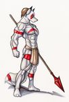  anthro canine face-paint face_paint loincloth male mammal markings muscles native plain_background polearm pose solo spear tattoo underwear white_background wolfgangcake worrier 