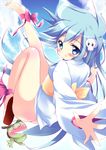  ankle_ribbon anklet barefoot blue_eyes blue_hair bottomless dororon_enma-kun hair_ornament japanese_clothes jewelry kappaeru kimono long_hair no_panties ribbon shiratama_(shiratamaco) solo yukiko_hime 