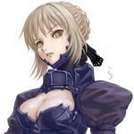  armor armored_dress artoria_pendragon_(all) blonde_hair braid breasts cleavage dress fate/stay_night fate_(series) hair_bun lips medium_breasts rasukaru saber_alter solo upper_body yellow_eyes 