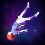  1boy bad_id bad_pixiv_id green_eyes highres inazuma_eleven inazuma_eleven_(series) kiyama_hiroto male_focus red_hair shoes smile sneakers soccer_uniform socks solo space sportswear star upside-down 