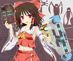  bad_id bad_pixiv_id blush bow brown_hair crossover dead_space dead_space_2 exploder_(dead_space) hair_bow hair_tubes hakurei_reimu highres lurker_(dead_space) mask necromorph noveske_n4 plasma_cutter red_eyes short_hair slasher_(dead_space) solo touhou 