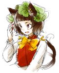  alternate_hairstyle animal_ears bad_id bad_pixiv_id bangs blunt_bangs bow bowtie brown_eyes brown_hair cat_ears cat_tail chen earrings face fang hands hat jewelry multiple_tails nail_polish nekomata short_hair simple_background sketch solo tail touhou upper_body yukizen 