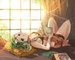  barefoot bespectacled bra breasts cameo cleavage commentary_request eyewear_on_head glasses green_eyes green_hair gumi hatsune_miku idolla_(vocaloid) lingerie lying magazine medium_breasts on_back overalls reading sakuragi_kei short_hair smile solo underwear vocaloid 