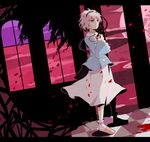  blouse checkered checkered_floor chireiden eyeball full_moon hairband heart high_contrast komeiji_satori moon petals pink_hair red_eyes short_hair skirt sleeves_past_wrists slippers solo standing suikka third_eye touhou window 