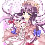  bow bowtie crescent hair_bow harukaruha hat long_hair patchouli_knowledge purple_eyes purple_hair solo star touhou 