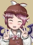  animal_ears blush_stickers closed_eyes double_v face hands hat iritate_shougun mystia_lorelei no_nose pink_hair short_hair simple_background smile solo tears touhou v wings 