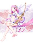  aiming angel_wings arrow bad_id bad_pixiv_id bare_legs bare_shoulders barefoot bikini bow_(weapon) braid crossed_legs cupid endos feet foreshortening frilled_bikini frills hair_ornament heart knees legs long_hair long_legs navel one_eye_closed original pink_hair purple_eyes sitting smile solo swimsuit toenails toes weapon wings 