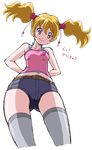  bad_id bad_pixiv_id blonde_hair eyelashes fresh_precure! kotomozou looking_down momozono_love navel pink_tank_top precure shorts smile solo thighhighs twintails 