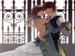  1girl alternate_costume back bad_id bad_pixiv_id brown_hair butz_klauser couple dancing dress faris_scherwiz final_fantasy final_fantasy_v formal gate hetero holding_hands katsura_(+araka) long_hair purple_hair short_hair 