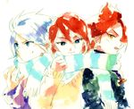  bad_id bad_pixiv_id blue_eyes green_eyes inazuma_eleven inazuma_eleven_(series) kiyama_hiroto male_focus multiple_boys nagumo_haruya red_hair scarf shared_scarf striped striped_scarf suzuno_fuusuke traditional_media unome_(tknm) watercolor_(medium) white_hair yellow_eyes 