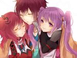  2girls asbel_lhant blanket brown_hair cheria_barnes chidori_(@rom) closed_eyes colored_eyelashes eyelashes hair_ornament hair_ribbon light_smile long_hair multiple_girls purple_eyes purple_hair red_hair ribbon short_hair short_twintails sleeping sophie_(tales) tales_of_(series) tales_of_graces twintails white_background 
