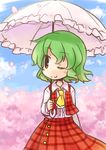  blush cherry_blossoms chibi dress green_hair highres kazami_yuuka one_eye_closed parasol red_dress red_eyes smile solo touhou umbrella yamabuki_(yusuraume) 