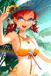  bikini breasts cleavage day drill_hair flower front-tie_top glasses hair_flower hair_ornament hat jewelry lowres medium_breasts necklace open_mouth outdoors palm_tree side-tie_bikini sideboob solo straw_hat summer swimsuit sword_girls tree twin_drills twintails vernika_answer 
