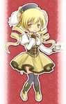  akihara_ryou blonde_hair blush boots bow corset cup drill_hair full_body gloves hat highres knee_boots long_hair long_sleeves magical_girl mahou_shoujo_madoka_magica red_background ribbon skirt smile solo teacup thighhighs tomoe_mami twintails yellow_bow yellow_eyes yellow_skirt zettai_ryouiki 