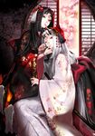  black_hair bow bug butterfly candle cherry_blossoms fire flame flower hair_ornament horns insect japanese_clothes kabi_(kb) kimono long_hair multiple_girls oni original red_eyes sword tree weapon white_hair 