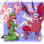  bad_anatomy barefoot braid feet hong_meiling long_hair multiple_girls remilia_scarlet samurai_(kasizuki) short_hair touhou translated twin_braids wings 