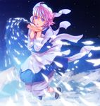  bad_id bad_pixiv_id blowing blush hat highres lavender_hair letty_whiterock night night_sky nosuku open_hands purple_eyes scarf short_hair sky snow solo star_(sky) touhou white_scarf 