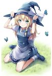  apron bad_id bad_pixiv_id blonde_hair bon bow braid bug butterfly grass green_eyes hand_on_headwear hat insect kirisame_marisa long_hair looking_at_viewer mary_janes shoes sitting smile solo touhou waist_apron wariza witch_hat yellow_eyes 