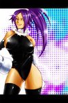  black_legwear black_thighhighs bleach breasts female halftone_background leotard long_hair ponytail purple_hair replihoney shihouin_yoruichi sideboob solo thighhighs white_background yellow_eyes 